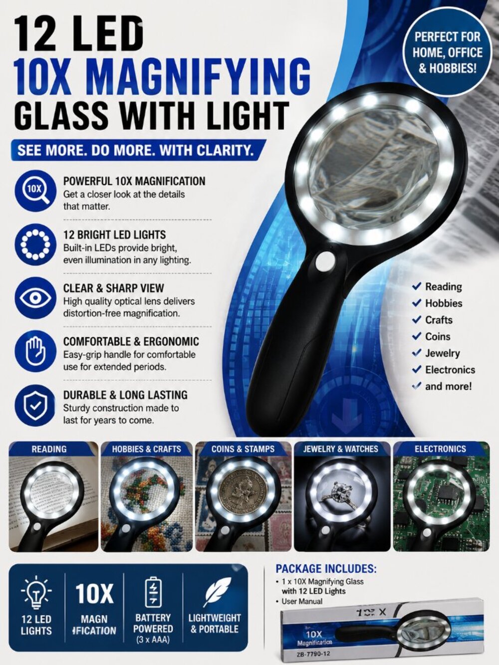 10X LED Magnifying Glass with Light | 12 LED Reading Magnifier | Craft Hobby Too